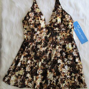 NEW Multi Brown Cream Halter Swimsuit Dress Sz 14